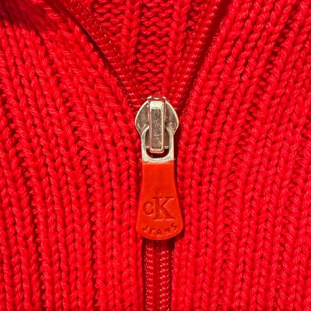 Calvin Klein Red Cotton Zip Up Ribbed Sweater - Size Large - Picture 7 of 10